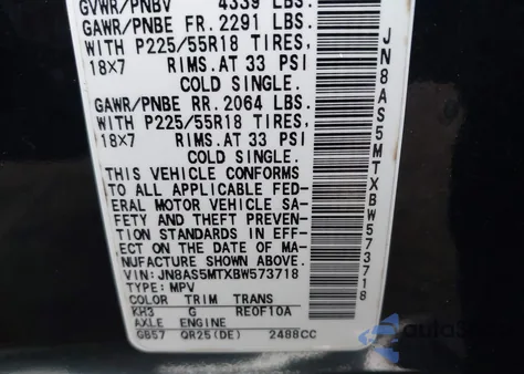 2011 Nissan Rogue Sv z USA, uszkodzony, nr VIN JN8AS5MTXBW573718